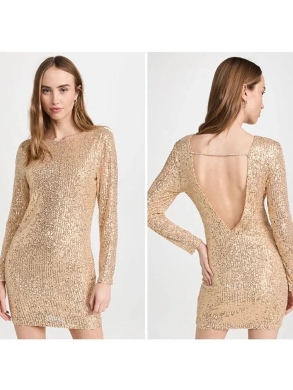 NWT WAYF Gold Sequin Open Back Long Sleeve Mini Dress Rhinestone Strap S